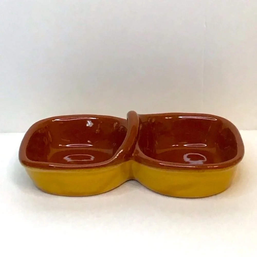 PIER 1 Salt & Pepper Sauce Double Sided Mustard Brown Glaze Pottery Dish